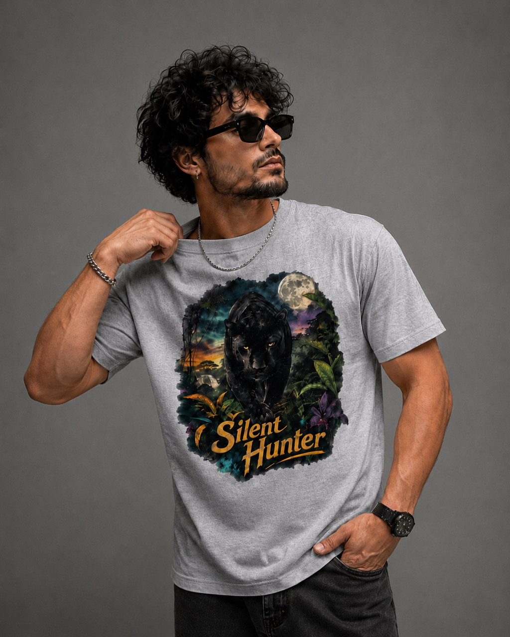 A man wearing a light gray heather t-shirt with a large graphic print of a black panther and the text 'Silent Hunter' on the front, posed against a solid gray studio background.