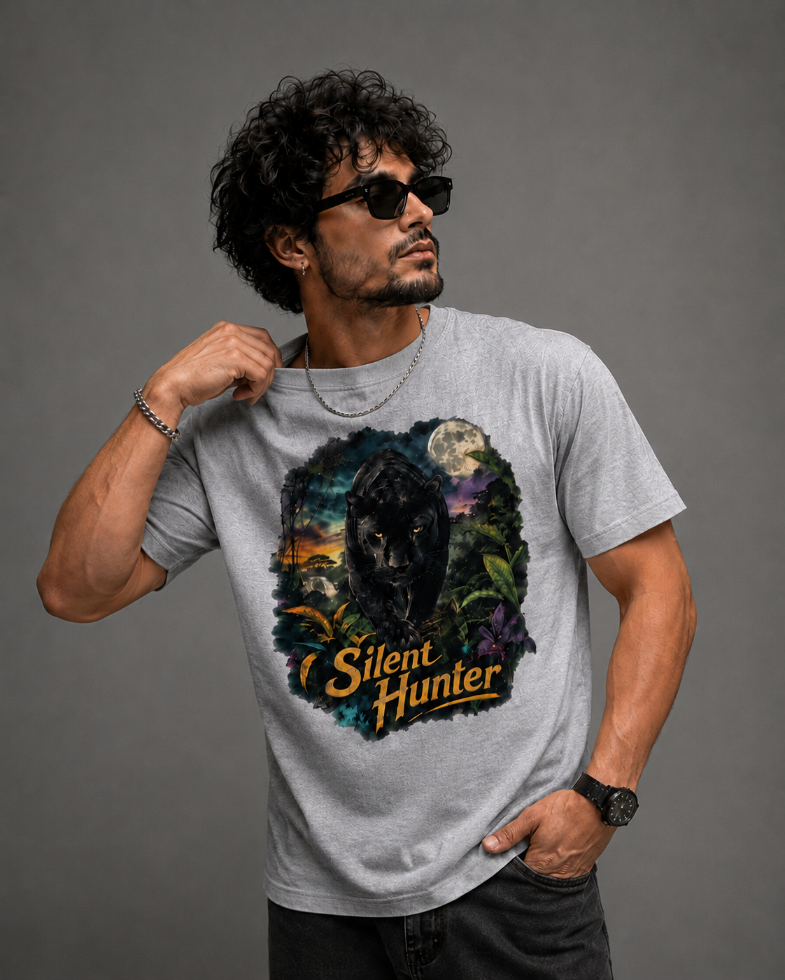 A man wearing a light gray heather t-shirt with a large graphic print of a black panther and the text 'Silent Hunter' on the front, posed against a solid gray studio background.