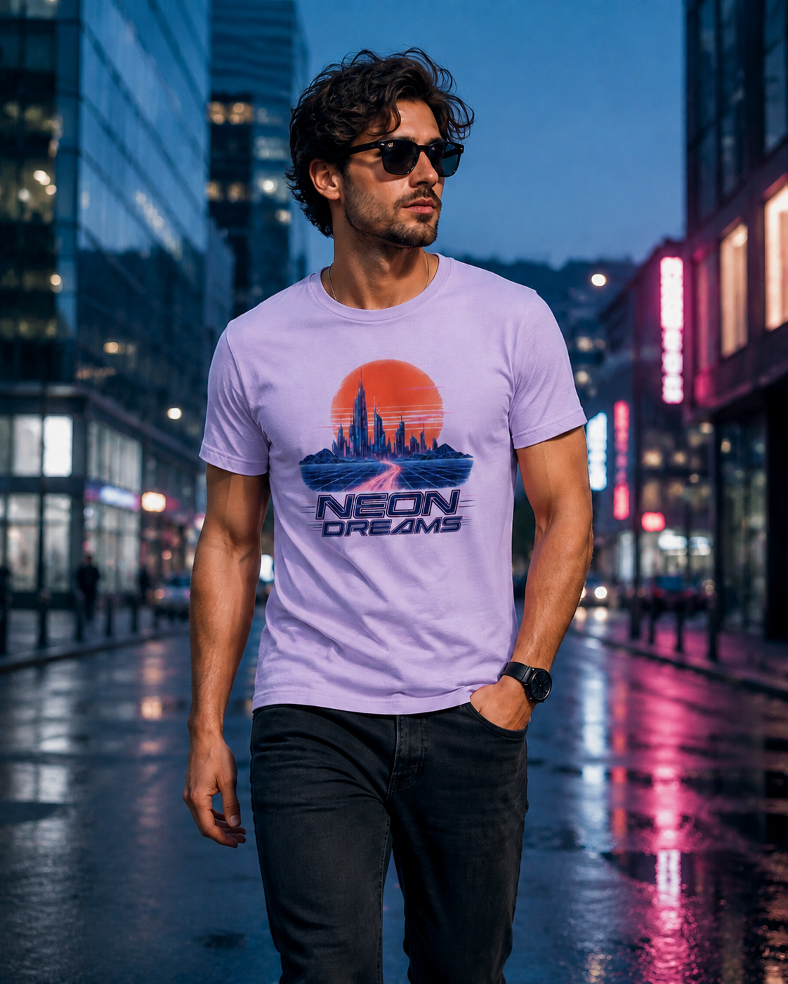 A man wearing a light purple graphic t-shirt with a retro neon city sunset design and the text 'NEON DREAMS', paired with black jeans, standing on a wet city street at dusk.