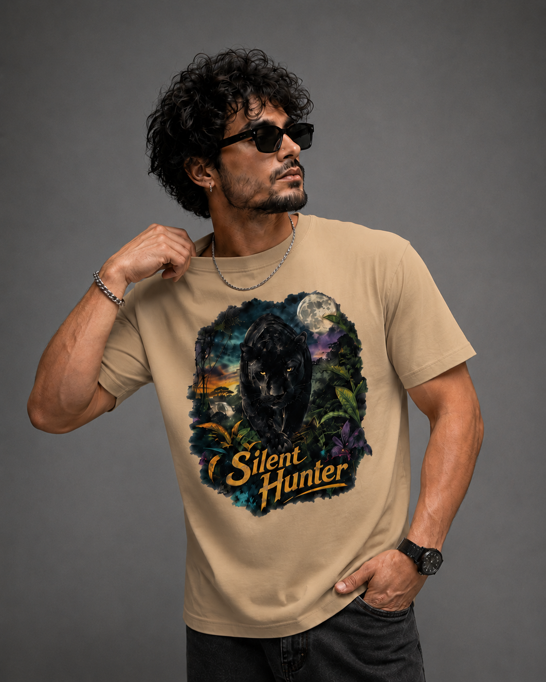 A man wearing a beige graphic t-shirt with a 'Silent Hunter' black panther design, styled with black sunglasses, a silver chain necklace, and a black watch, set against a solid gray studio background.