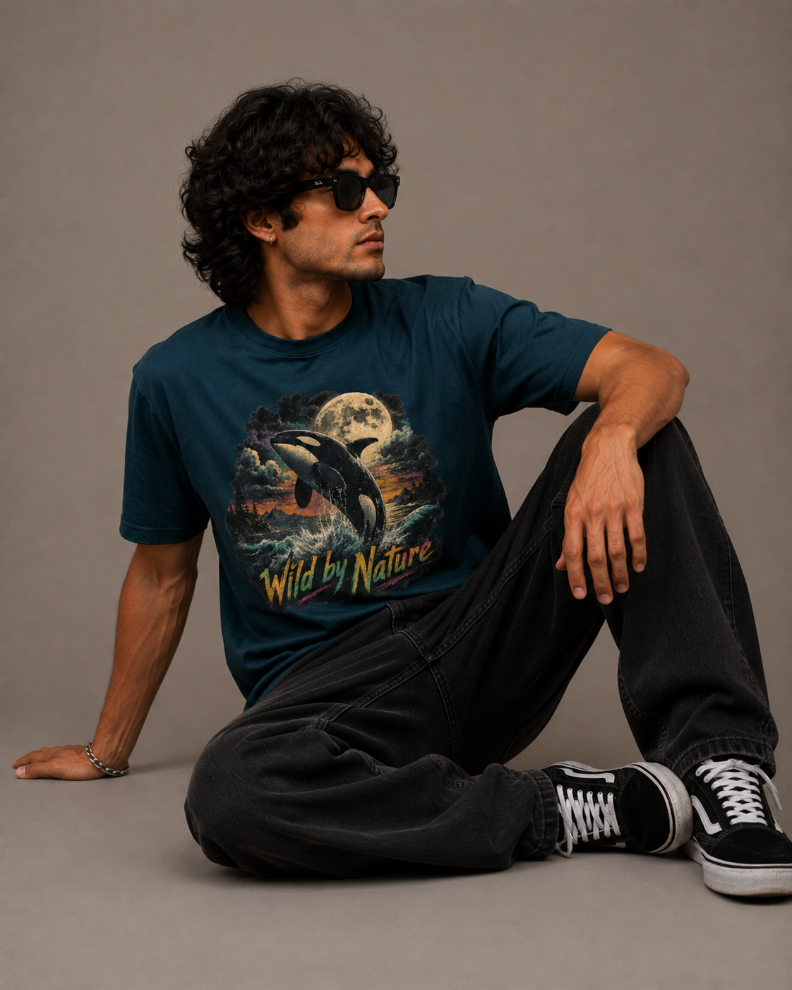 A man wearing a dark teal graphic t-shirt with a 'Wild by Nature' orca print, paired with black jeans and black sneakers, sitting against a solid gray studio background.