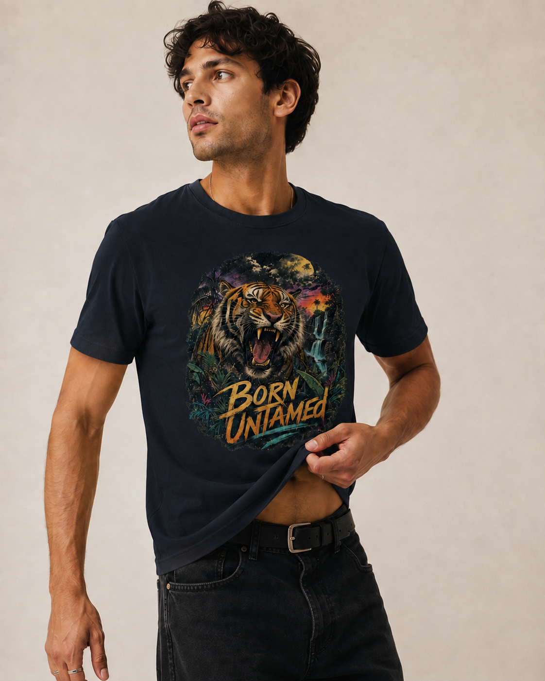 A man wearing a navy blue graphic t-shirt with a colorful tiger print and the text 'BORN UNAMED', paired with dark jeans, standing against a neutral beige background.