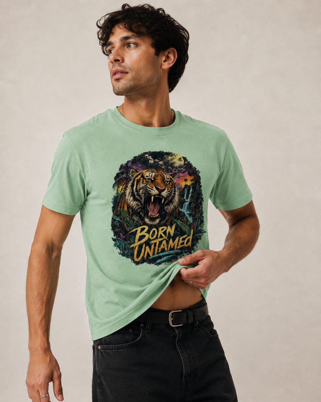 A man wearing a light green crewneck t-shirt with a graphic of a tiger and the text 'BORN UNTAMED' on the front, paired with black jeans against a neutral beige background.
