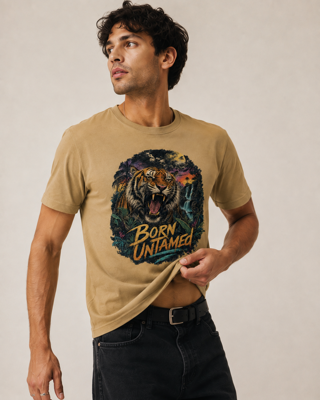 A man wearing a tan graphic t-shirt with a tiger and 'Born Unlamed' print, paired with dark jeans, standing against a neutral beige background.