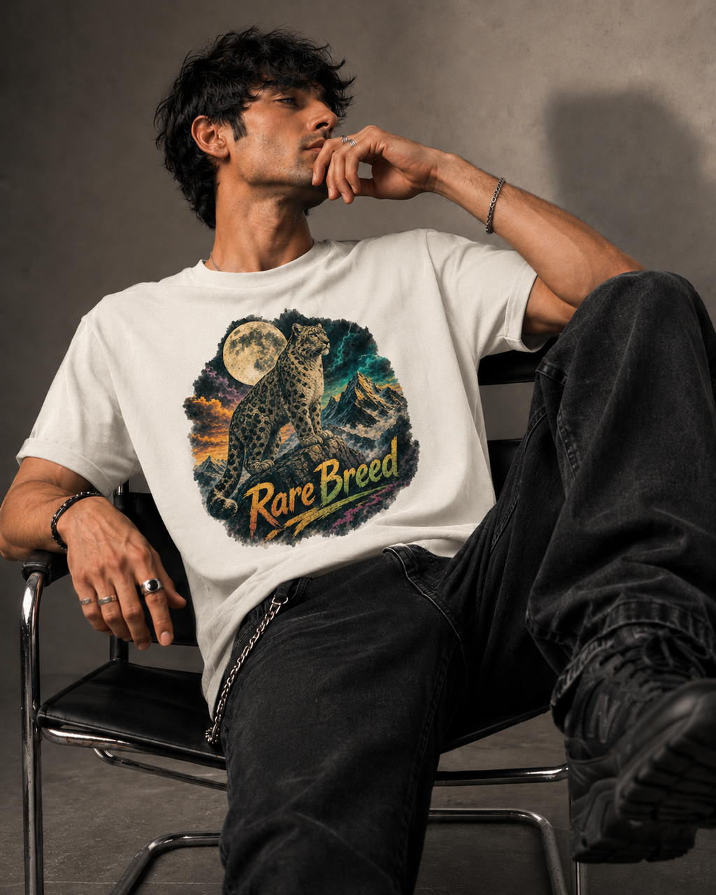 A man wearing a white graphic t-shirt with a detailed print of a rare breed cat under a full moon, paired with black jeans, sitting on a black chair against a gray studio background.