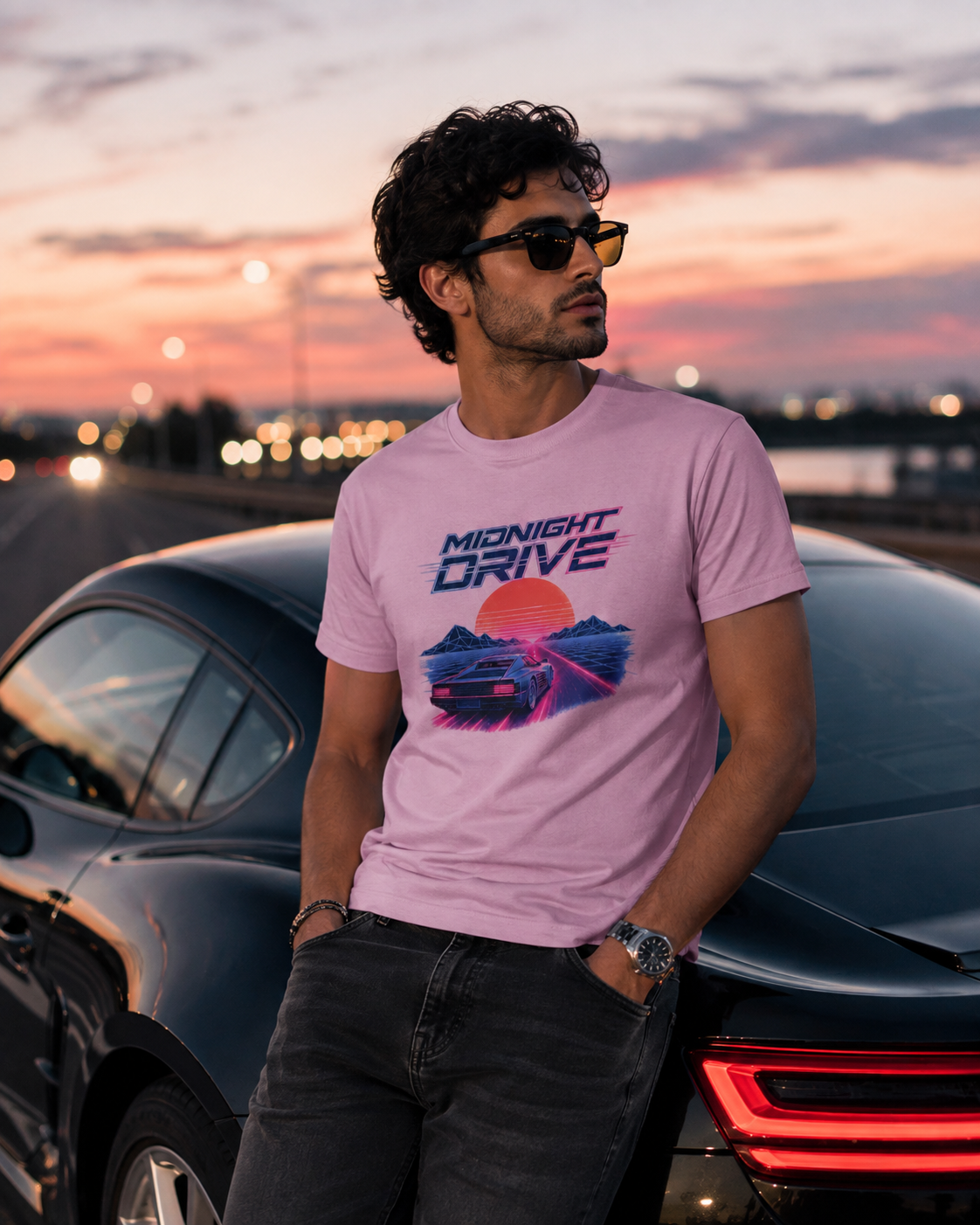 A man wearing a light pink graphic t-shirt with a retro 'Midnight Drive' design, standing next to a black car at sunset.