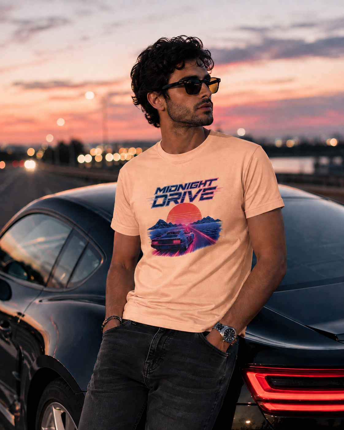 A man wearing a light peach graphic t-shirt with a retro 'Midnight Drive' design, standing next to a black car at sunset.