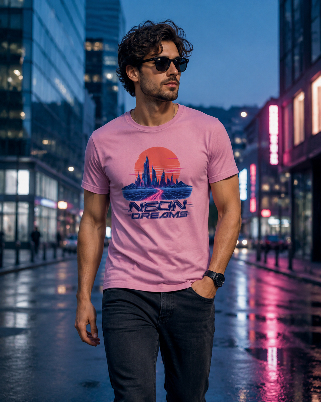 A man wearing a pink graphic t-shirt with a retro sunset and city skyline design that reads 'NEON DREAMS', paired with dark jeans, standing on a wet city street at dusk.