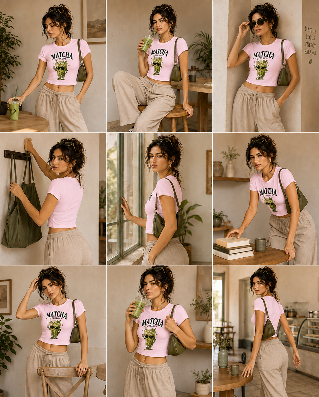 A 3x3 collage showing a woman modeling a light pink cropped T-shirt with a green and black 'MATCHA' graphic, paired with light beige wide-leg pants and a green shoulder bag in various indoor lifestyle settings.