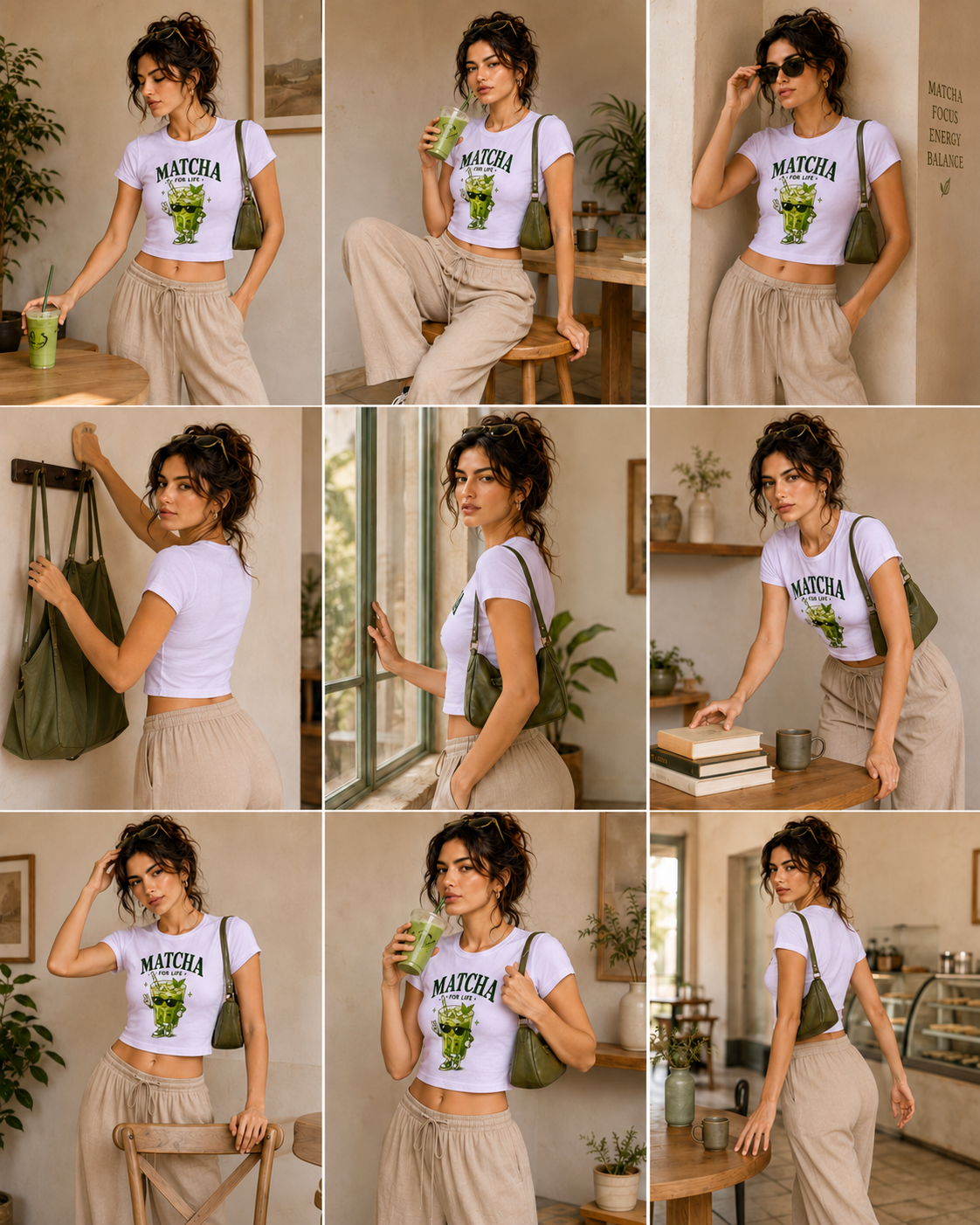 A 3x3 collage showing a woman modeling a white graphic crop top with a green frog and the word 'MATCHA' printed on the front, paired with beige pants and carrying a green tote bag in a warm indoor setting.