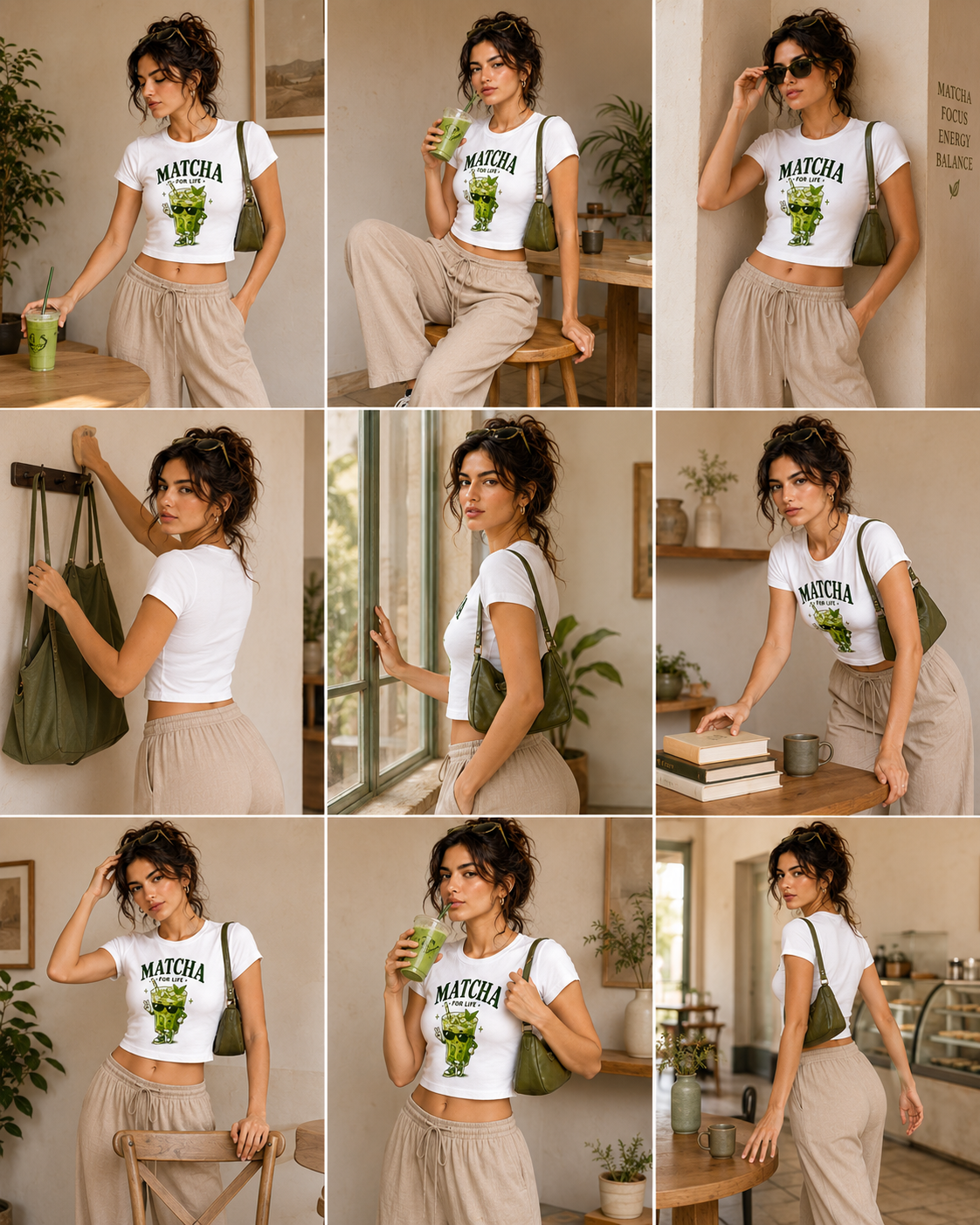 A 3x3 collage showing a woman modeling a white cropped T-shirt with a green frog graphic and the word 'MATCHA' in black, paired with light beige pants and a green shoulder bag in a warm indoor setting.
